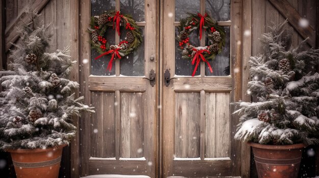 hay dos coronas navideñas en la puerta de entrada de una casa ai generativo