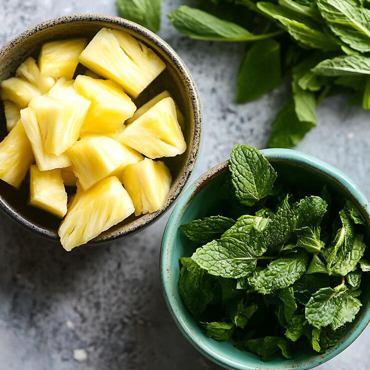 Hay dos cuencos de menta fresca y piña en la mesa.