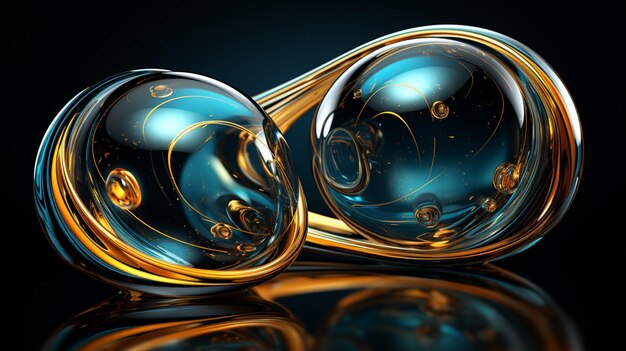 hay dos esferas de vidrio con remolinos dorados sobre una superficie negra ai generativo