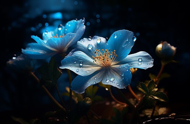 hay dos flores azules con gotas de agua sobre ellas ai generativo