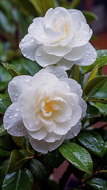 Hay dos flores blancas con gotas de agua sobre ellas ai generativo