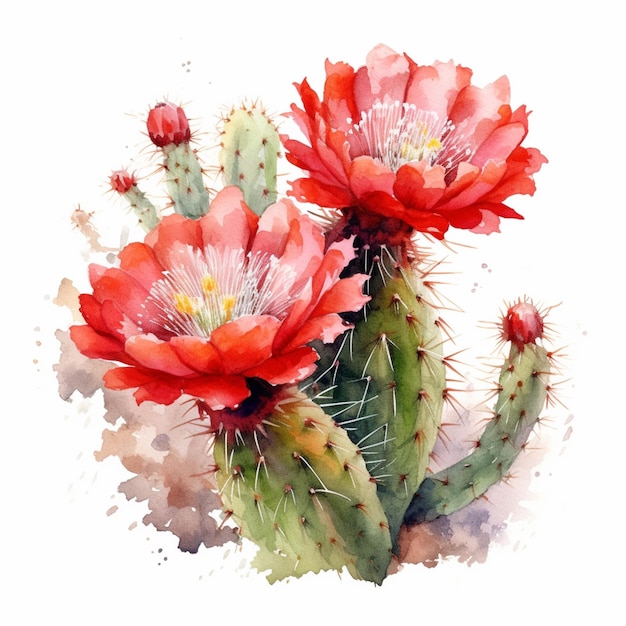 Hay dos flores rojas en una planta de cactus con pintura de acuarela ai generativa