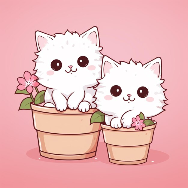 Foto hay dos gatitos blancos sentados en una olla de flores generativa ai