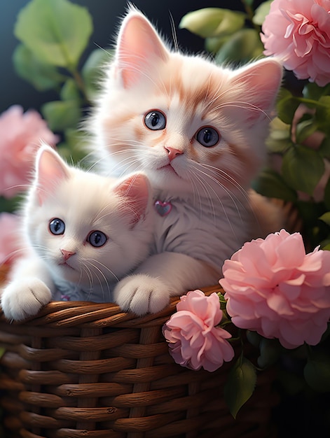 Foto hay dos gatitos sentados en una canasta con flores rosadas ai generativo