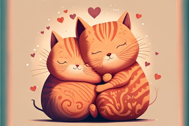 Foto hay dos gatos abrazándose con corazones en el fondo generativo ai