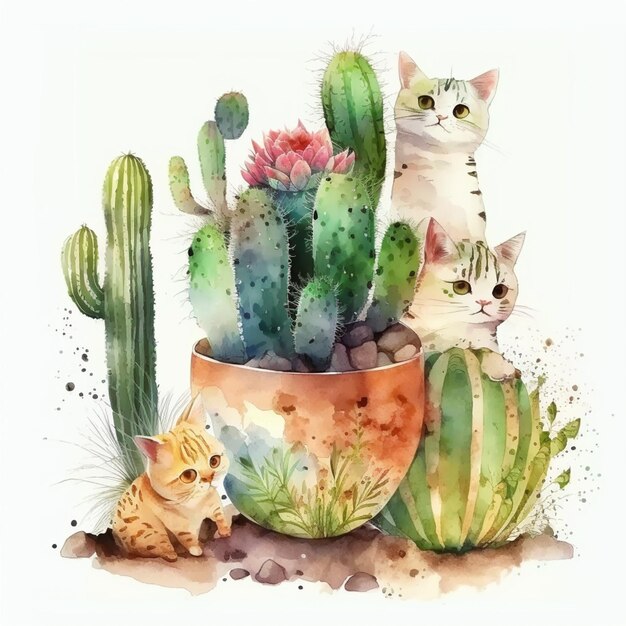 Foto hay dos gatos y un gato sentados en una planta de cactus generativa ai