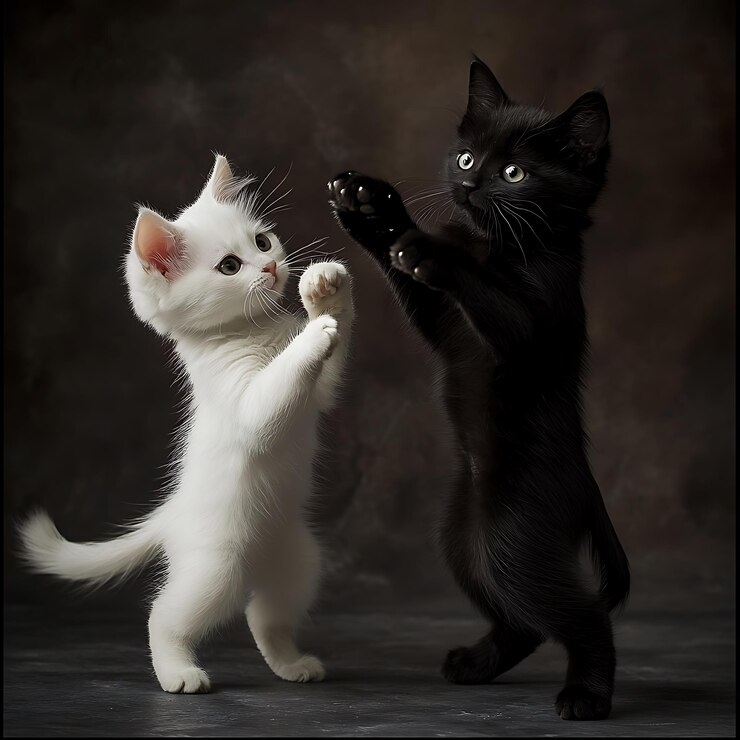 Hay dos gatos que están jugando entre sí.