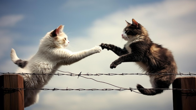 hay dos gatos que están jugando en una valla generativa ai