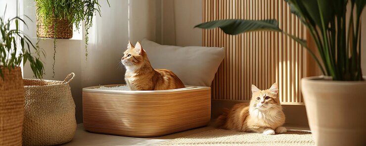 hay dos gatos sentados en una canasta junto a una planta