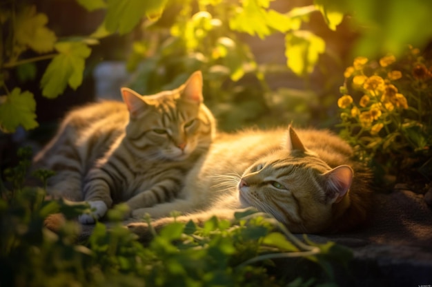 Hay dos gatos tirados en el suelo en la hierba generativa ai