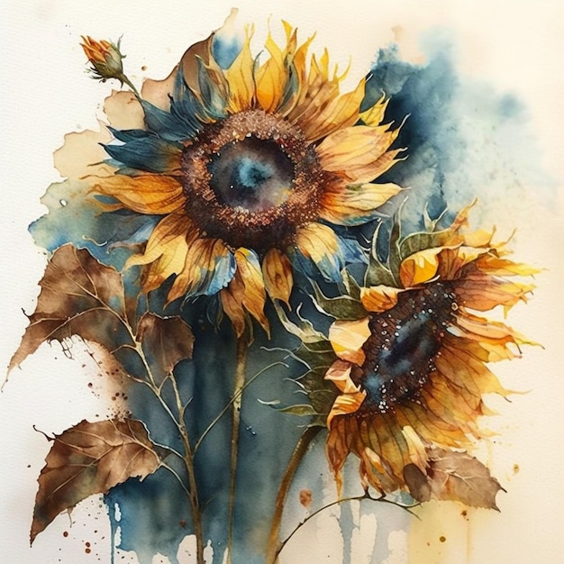 Hay dos girasoles que están pintados en un papel blanco generativo ai.