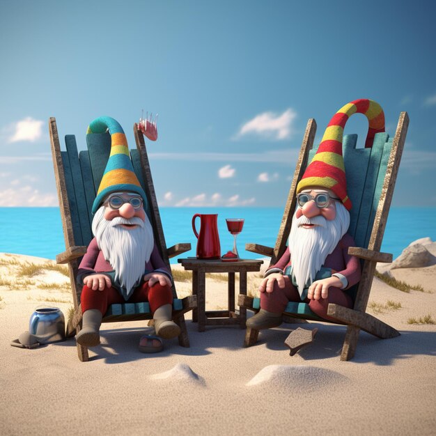 Foto hay dos gnomos sentados en sillas de césped en la playa generativo ai