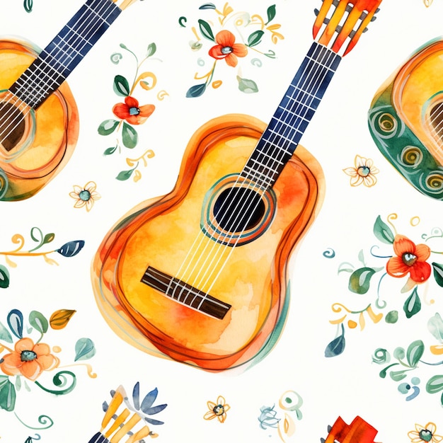 hay dos guitarras que están sentadas sobre un fondo floral ai generativo