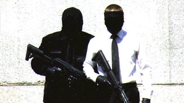 Hay dos hombres con trajes y corbatas con armas.