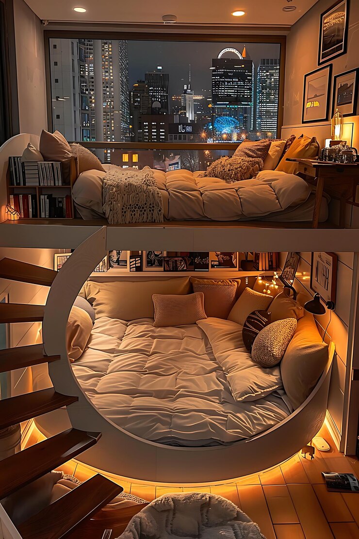 hay dos imágenes de una cama con un marco de cama circular