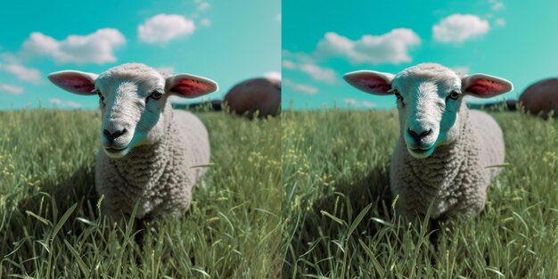 Hay dos imágenes de una oveja de pie en un campo generativo ai
