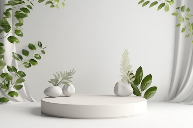 Hay dos jarrones blancos con plantas en una mesa blanca generativa ai