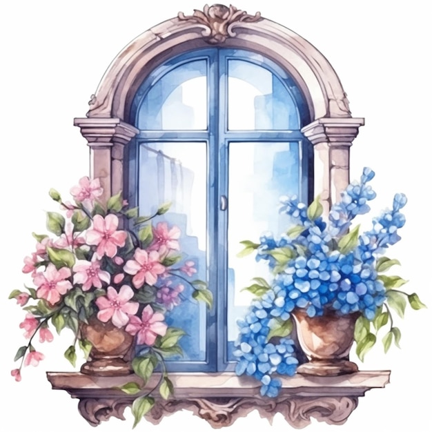 Hay dos jarrones de flores en el alféizar de una ventana ai generativa