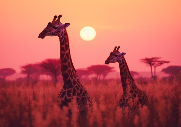 hay dos jirafas paradas en un campo al atardecer ai generativa