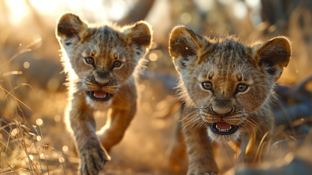 Hay dos leones jóvenes caminando a través de la hierba juntos generativo ai