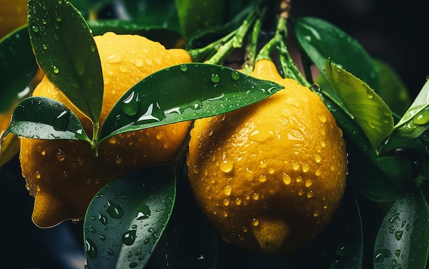 Hay dos limones colgando de un árbol con gotitas de agua ai generativo