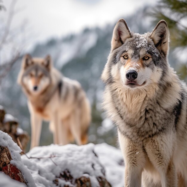 Hay dos lobos de pie en una colina nevada generativo ai