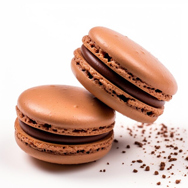 Foto hay dos macarrones de chocolate con relleno de chocolate en una superficie blanca generativa ai