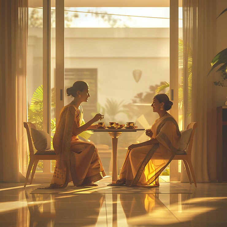Hay dos mujeres sentadas en una mesa comiendo.