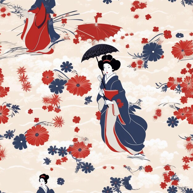 Hay dos mujeres con trajes de kimono caminando en un campo generativo ai