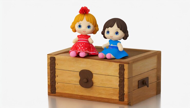 Foto hay dos muñecas pequeñas sentadas en la parte superior de una caja de madera