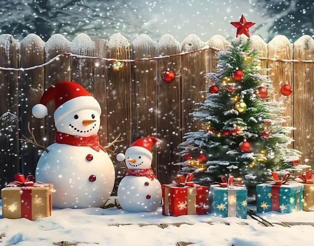 Hay dos muñecos de nieve de pie junto a un árbol de Navidad