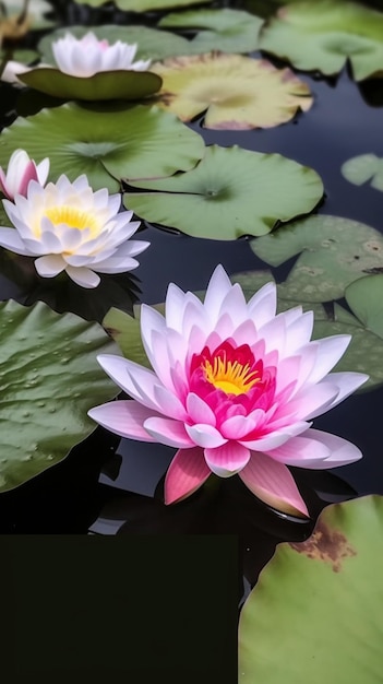 hay dos nenúfares rosados flotando en un estanque ai generativo