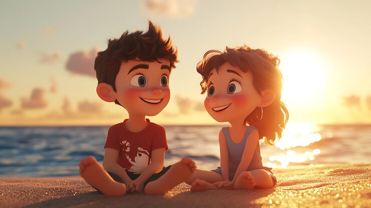 Hay dos niños sentados juntos en la playa.