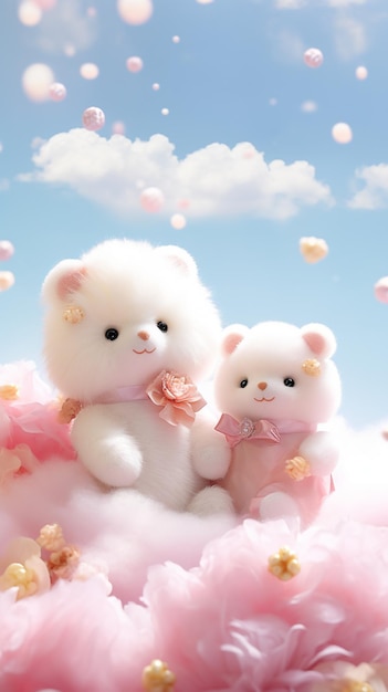 Hay dos osos de peluche sentados en una nube con flores rosas generativas ai