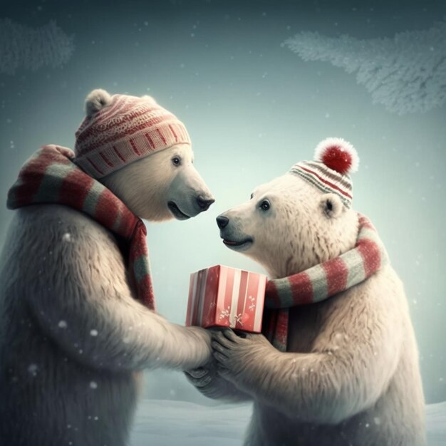 Foto hay dos osos polares que tienen un regalo en la nieve generativo ai