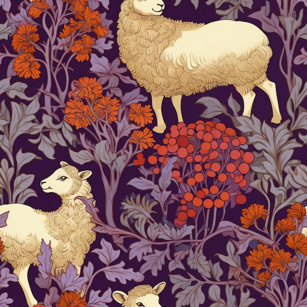 Foto hay dos ovejas de pie en un campo de flores y plantas generativas ai