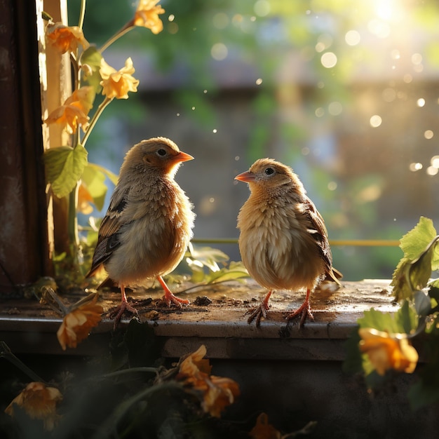 hay dos pájaros pequeños sentados en el alféizar de una ventana ai generativo