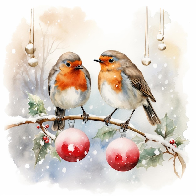 hay dos pájaros posados en una rama con adornos navideños ai generativo