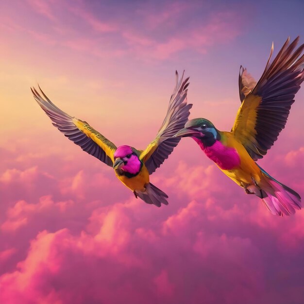 Hay dos pájaros volando en el cielo con un fondo rosa y amarillo generativo ai