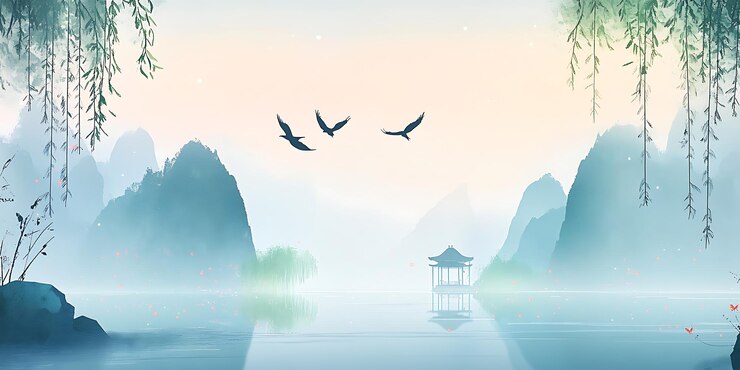 hay dos pájaros volando sobre un lago con una cabaña en el fondo