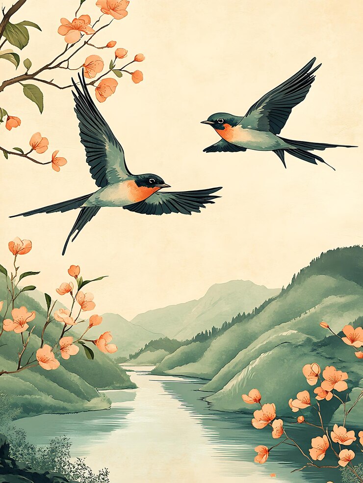 hay dos pájaros volando sobre un río con flores
