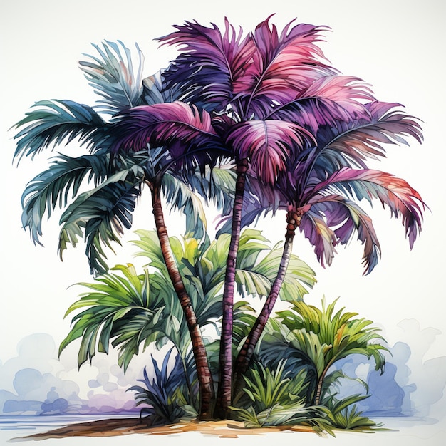 hay dos palmeras en una pequeña isla con pintura de acuarela generativa ai