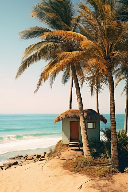 Hay dos palmeras en la playa cerca de una cabaña generativa ai