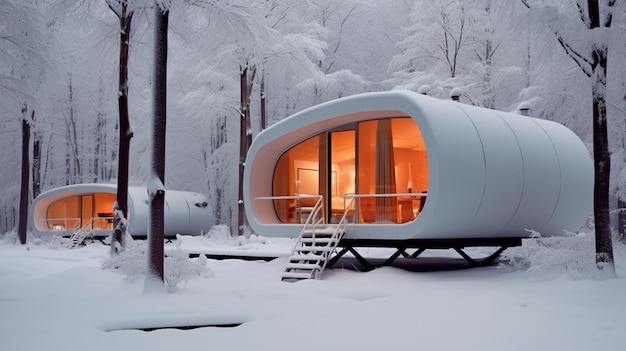 Hay dos pequeñas cabañas blancas en la nieve con una escalera generativa ai