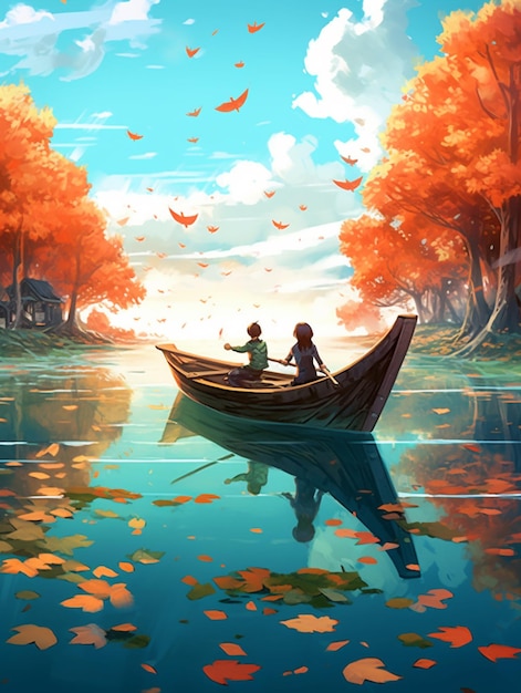 Hay dos personas en un barco en un lago con hojas generativas ai