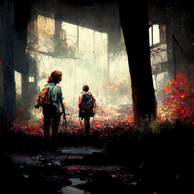 hay dos personas caminando por un bosque con flores ai generativa