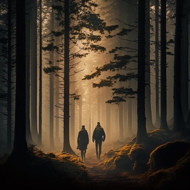 hay dos personas caminando juntas por el bosque ai generativa