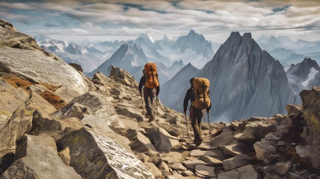 Hay dos personas caminando por un sendero de montaña rocosa IA generativa