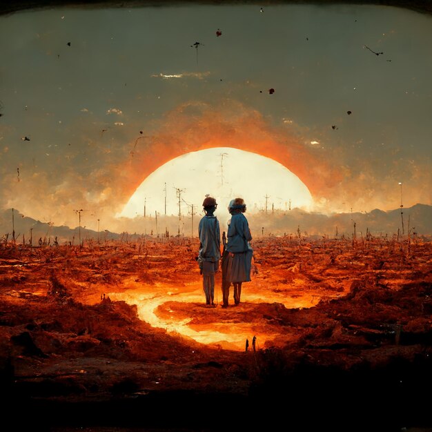 Foto hay dos personas de pie en un desierto con un sol en el fondo generativo ai