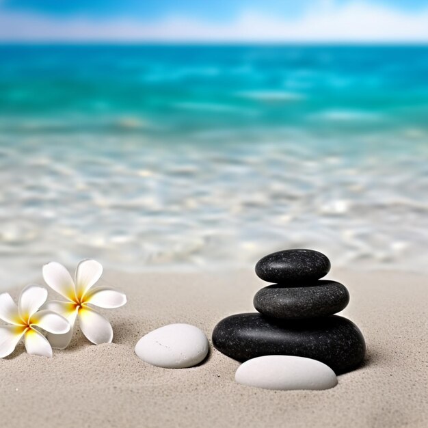 Foto hay dos piedras y una flor en la playa generativa ai